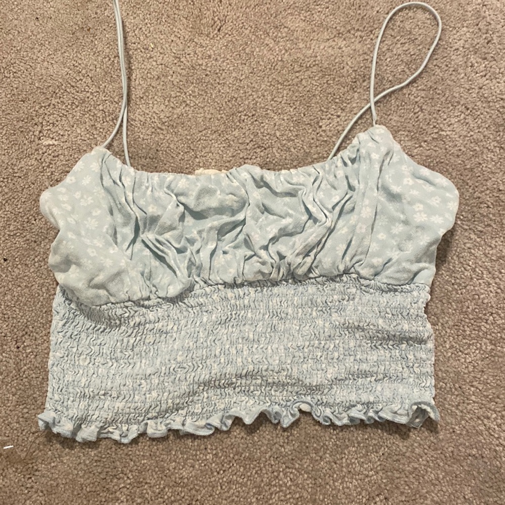 Pacsun ruffled tank top light blue with white flowers S